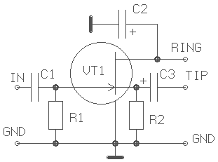 Схема DI box для звуковой карты на полевом транзисторе